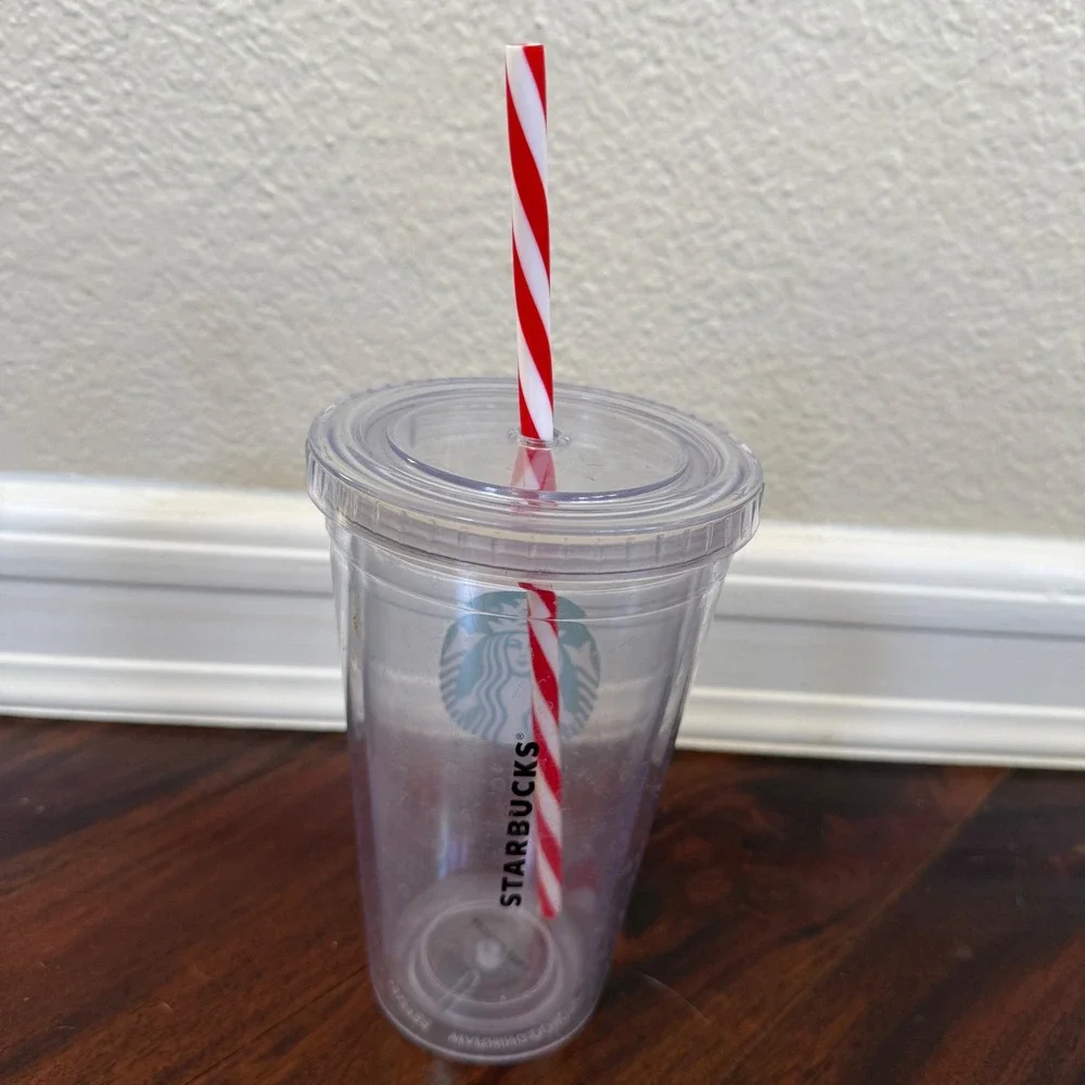 Starbucks Clear Acrylic Cold Cup Tumbler Red Stripe 16oz Reusable Christmas